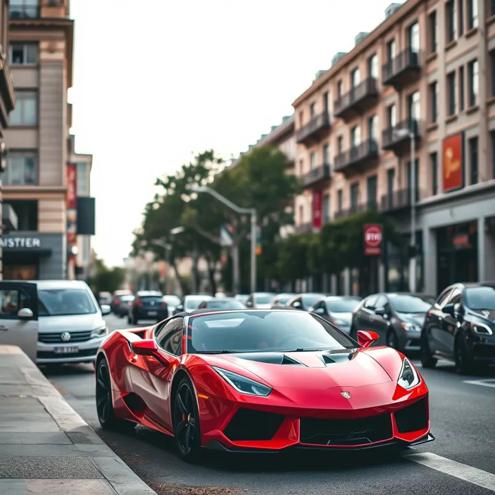 Red sports car parked on a city street